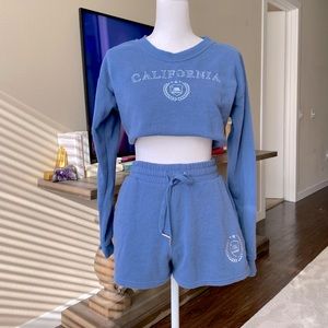 Two-Piece Letter Print Pullover Sweater and Elastic Waist Tie Short Set